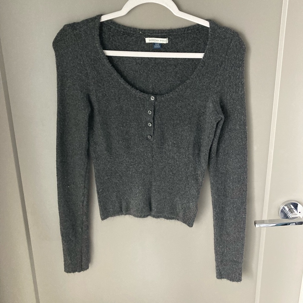Charcoal Gray Scoop-Neck Henley Sweater
